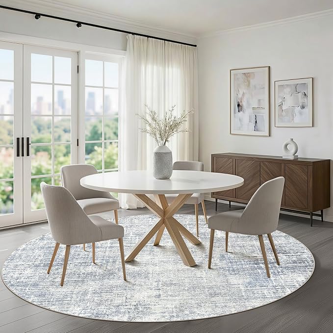 7ft Round Rug Living Room: 7x7 Washable Large Neutral Blue Circle Area Rug Abstract Soft Modern Stain Resistant Indoor Floor Non-Slip Carpet for Bedroom Nursery Kids Office Playroom Dining Room