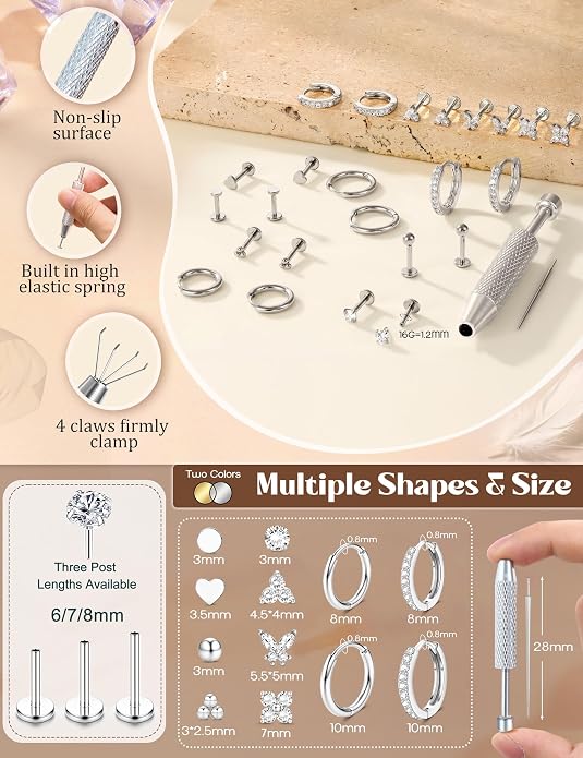 ORAZIO 16G/18G/20G Flat Back Earrings for Women Threadless 316L Surgical Steel Stud Hoop Earrings Push in Nose Studs Hypoallergenic Cartilage Earring Stacks Labret Helix Tragus Conch Piercing Jewelry
