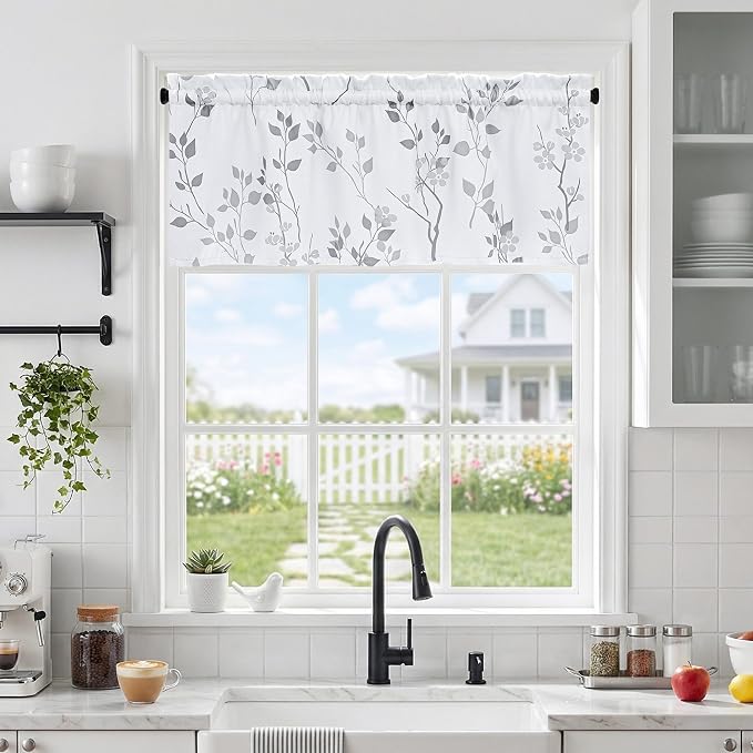 Beauoop Floral Valance Curtains for Kitchen Grey White 52X18 Inch 1 Panel | Flower Patterned Blackout Short Curtains for Living Room Bedroom Cafe 18 Inch Length Thermal Small Window Curtains Rod Pocket