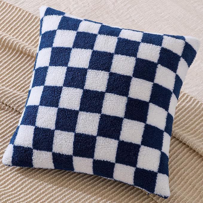 AmHoo Pack of 2 Decorative Throw Pillow Covers Checkerboard Luxury Super Soft Faux Fur Wool Set Case Cushion for Couch Sofa Bedroom 24 x 24-Inch Navy Blue