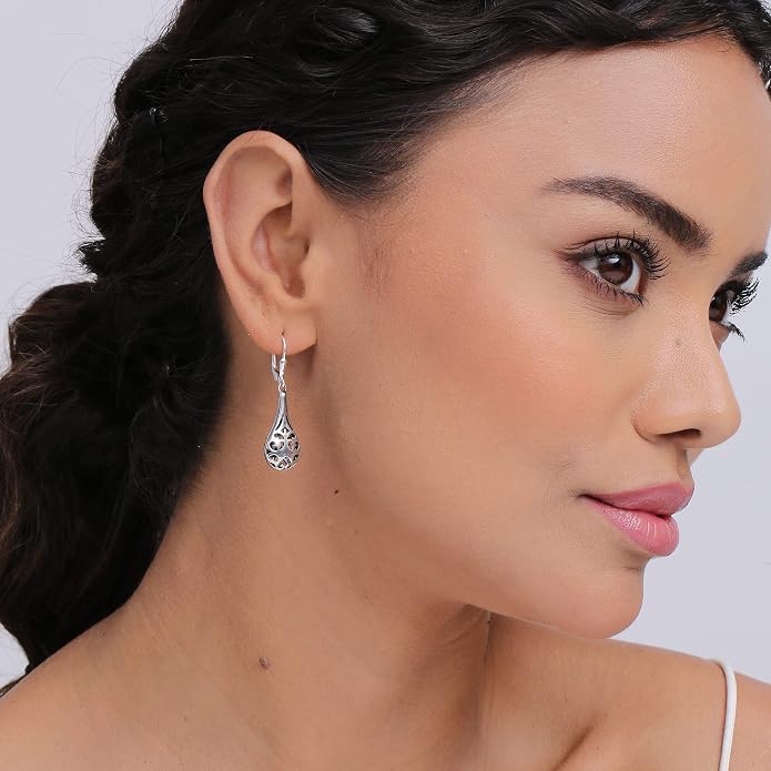 LeCalla 925 Sterling Silver Antique Earrings for Women | Filigree Leverback Dangle Earring | Drop Dangle Earrings for Women | Oxidized Silver Jewelry for Her Mom Wife