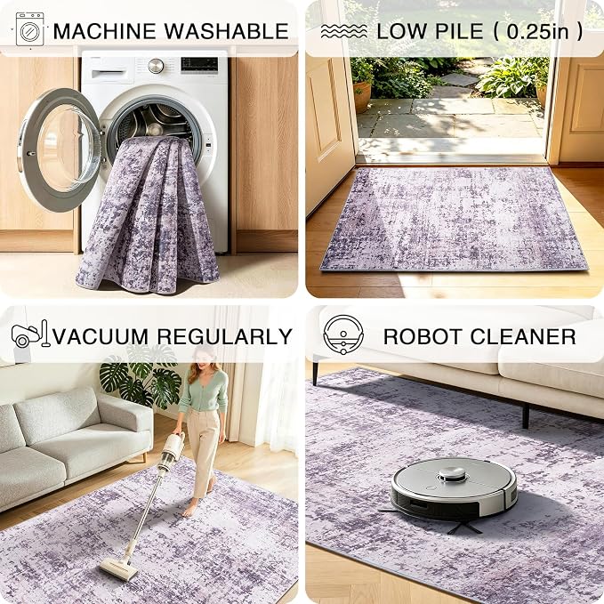 8x10 Area Rugs Living Room Rug Abstract Washable Rug Non-Slip Soft Low Pile Indoor Floor Stain Resistant Thin Carpet for Bedroom Dining Room Home Office Farmhouse Nursery - Dusty Blue & Cream 8' x 10'