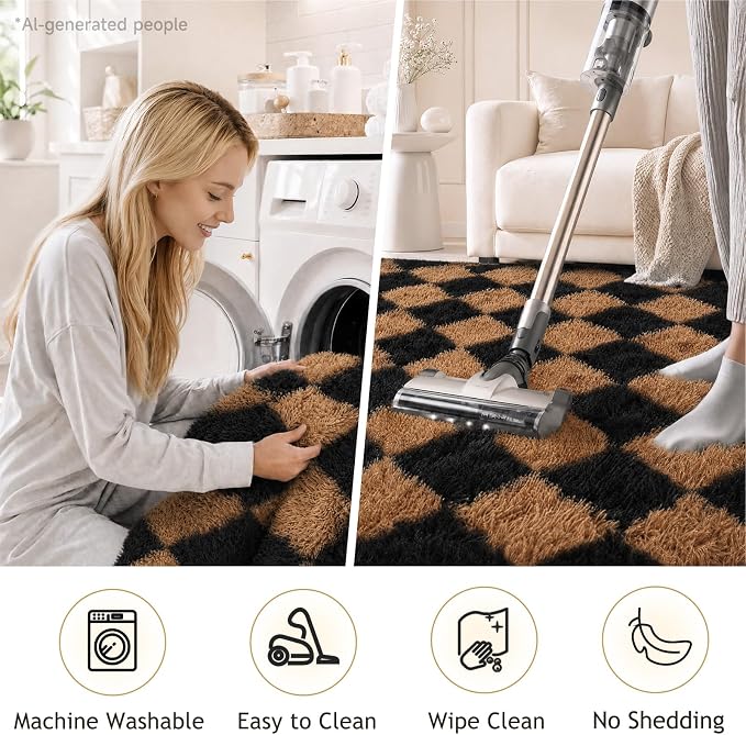 Ophanie Black & Beige Diamond Checkered Rugs for Living Room Bedroom,Rhombus Fluffy Soft Cute Fuzzy Area Rug,Plush Shaggy Bedside Floor 4x6 Furry Carpet Kids Dorm Decor with Over 99 pcs Pile fibers