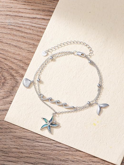 Sea Turtle/Dolphin/Starfish/Seashell/Compass Bracelet for Women 925 Sterling Silver Ocean Wave Anklet Summer Hawaiian Jewelry Gift for Her