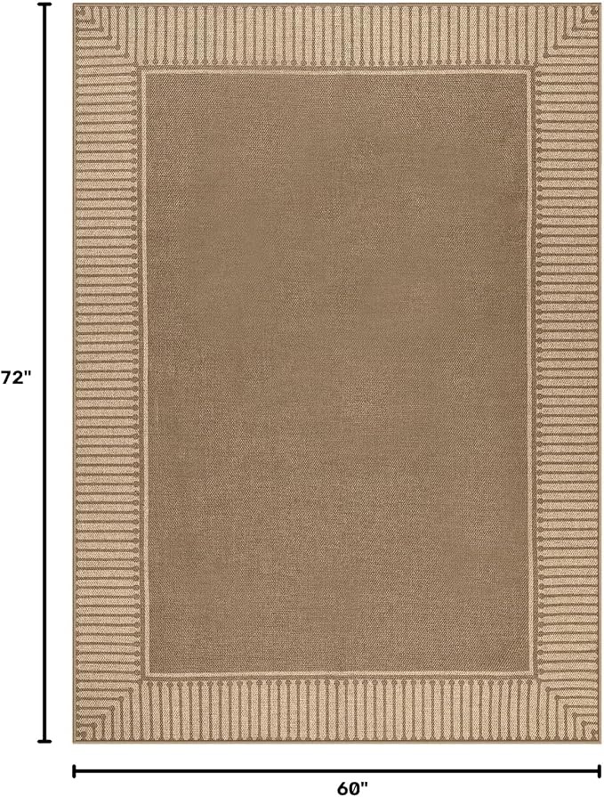 Moynesa Brown Striped Border Easy Jute Outdoor Indoor 5x7 Area Rugs for Living Room, Washable Non Slip Rug for Backyard Patio Balcony Dining Room Bedroom, Farmhouse Carpet for Fall Winter Decor