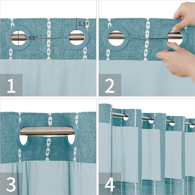 eachope No Hook Long Shower Curtain Set with Snap-in Fabric Liner,Linen Textured Thick Striped Fabric with Tassels,Boho Farmhouse Rustic Luxury Bathroom Curtain,Water-Repellent,Teal,71x80