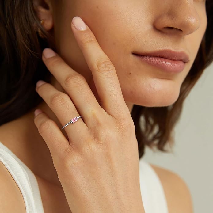 RLMOON Birthstone Rings for Women Non Tarnish Gold Stackable Rings Dainty 14K Gold/Silver Plated Baguette CZ Emerald Green Pinky Ring Personalized Jewelry Gift for Birthday Size 4-10