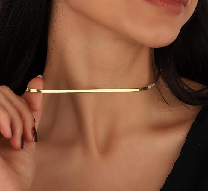 DEARMAY 14K Gold Plated Herringbone Necklaces for Women, Dainty Gold Snake Choker Chain Non Tarnish Trendy Simple Thin & Chunky Options Neckalce 1.5/3/5/6/8mm Chain Jewelry for Gifts