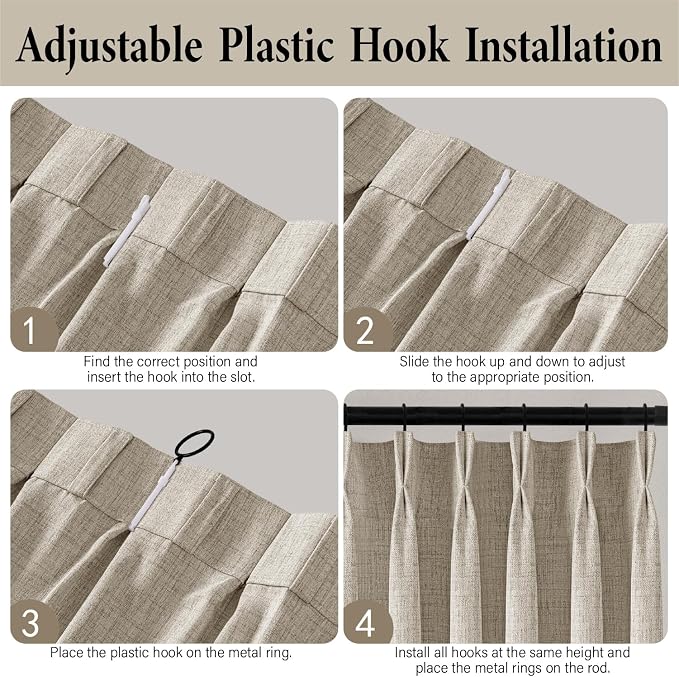 MIULEE Pinch Pleated Thick Linen Curtains 102 Inch 4 Panels Set Back Tab Memory Trained Pinch Pleat Semi Sheer Light Filtering Privacy Let Light in Window Drape for Living Room Bedroom Burlywood Birch