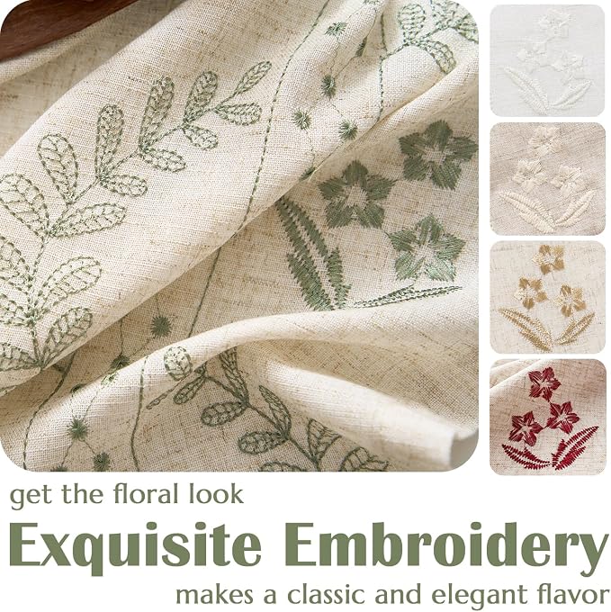 jinchan Floral Linen Curtains 90 Inch Back Tab 2 Panels Sage Green | Embroidered curtains,boho curtains,living room,bedroom,light filtering,privacy,flower patterned drapes,window treatment