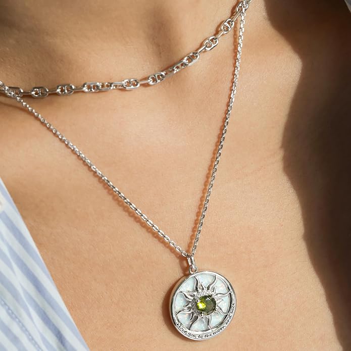 FANCIME Sunflower Necklace with Engraved Messgae 925 Sterling Silver Opal Gemstone Pendant Fine Jewelry Anniversary Birthday Gifts for Women Mom Wife Her, Chain Length 16+2 Inch