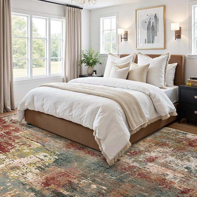 RELEANY Washable Area Rugs 6'x9' Non-Slip Modern Abstract Soft for Living Room Entryway Bedroom Kitchen, Print Pattern, Brown Rust Red Green Blue Multi