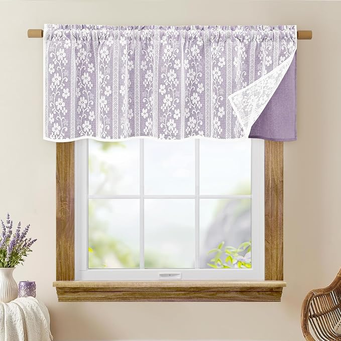 ASPMIZ Linen Valances for Windows Double Layer Valance Curtains with Lace Overlay, Purple Kitchen Curtains Light Filtering, Rod Pocket Window Valances for Living Room, Kitchen, Cafe, Bathroom, 52x18