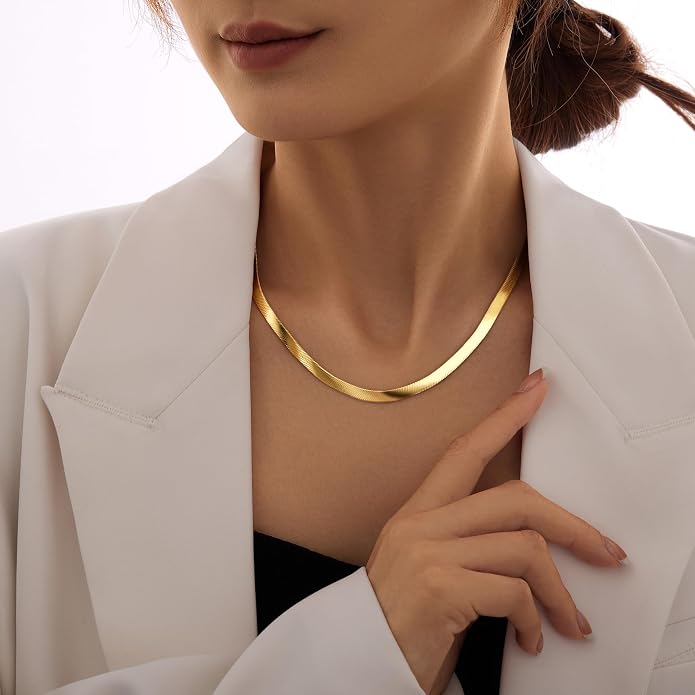 WomenGifts 14K Gold Silver Plated Herringbone Necklace for Women, Dainty Snake Chain Choker, Trendy Simple Long Layered Jewelry Non Tarnish, 3/4/5/8mm,14,16,18,20,22,24,26 Inch Thin & Chunky Options