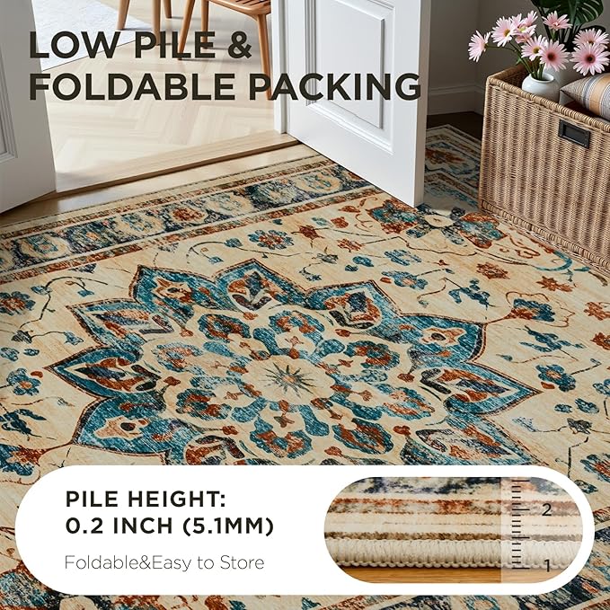 Joydeco Washable 2x6 Hallway Runner Vintage, Beige & Blue & Reddish-Brown | Water Resistant Low Pile Non Slip Backing for Kitchen Entryway Bedroom Bathroom Dining Room