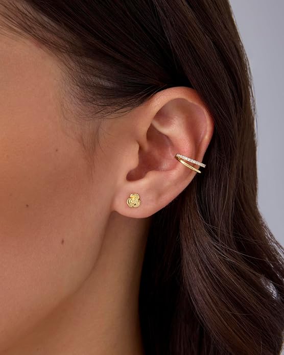 PAVOI 14K Gold Plated Dainty Flat Back Earrings for Women - Hypoallergenic Sterling Silver Posts Helix Cartilage Piercing Jewelry - Emoji Motif Bow Celestial Flatback Gold Stud Earrings Screw Back