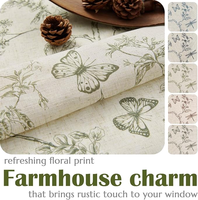 jinchan Green Floral Linen Curtains Lined 63 Inch Vintage Back Tab 2 Panels | Privacy lining, light filtering drapes, cottagecore, french country, farmhouse, bedroom, living room, window treatment