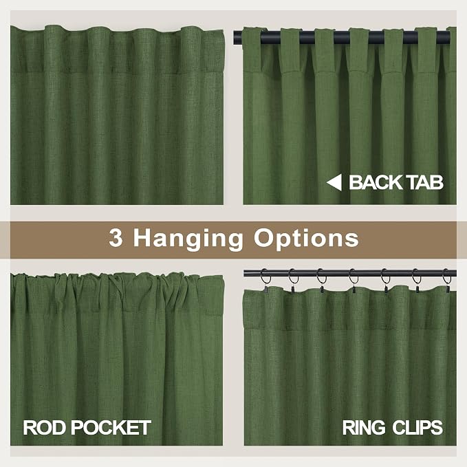 Pitalk Olive Green Curtains 96 Inches 8 FT Long for Living Room 2 Panels Back Tab Pocket Drape Thick Sheer Linen Cotton Modern Rustic Trendy Earthy Army Moss Green Curtain for Bedroom Farm House Decor