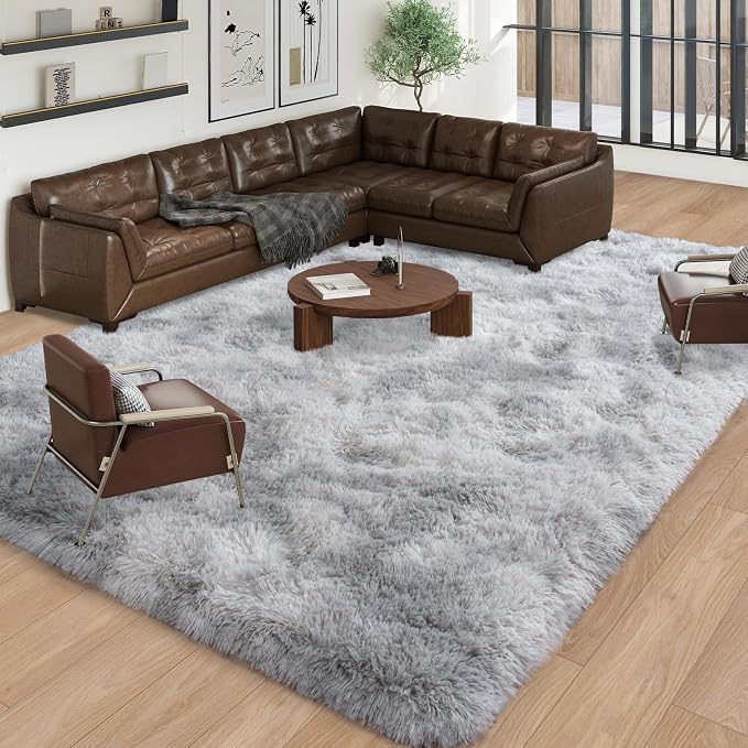 Dssimo 9x12 Area Rugs for Living Room, Gray Tie-Dyed Plush Fluffy Carpet | Upgrade Non-Slip Thick Large Gray Shag Rugs for Bedroom Nursery Kids Room Dorm Room Home Decor, Indoor Plush Floor Carpet