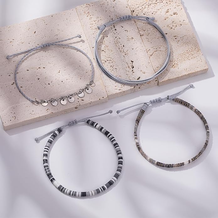 FANCY SHINY Waterproof String Anklets Boho Clay Beads Ankle Bracelets Cute Cloth Stainless Steel Coin Anklet Set Beach Summer Jewelry for Women