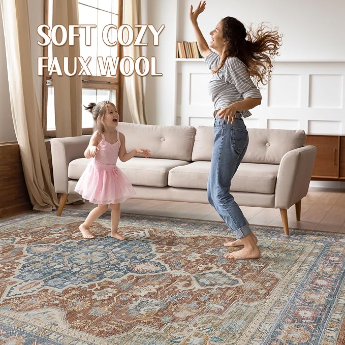 9x12 Area Rug Living Room: Washable Boho Large Neutral Vintage Soft Rug Stain Resistant Farmhouse Non-Slip Indoor Floor Carpet for Bedroom Nursery Kids Playroom Office Dining Room- Red Multi