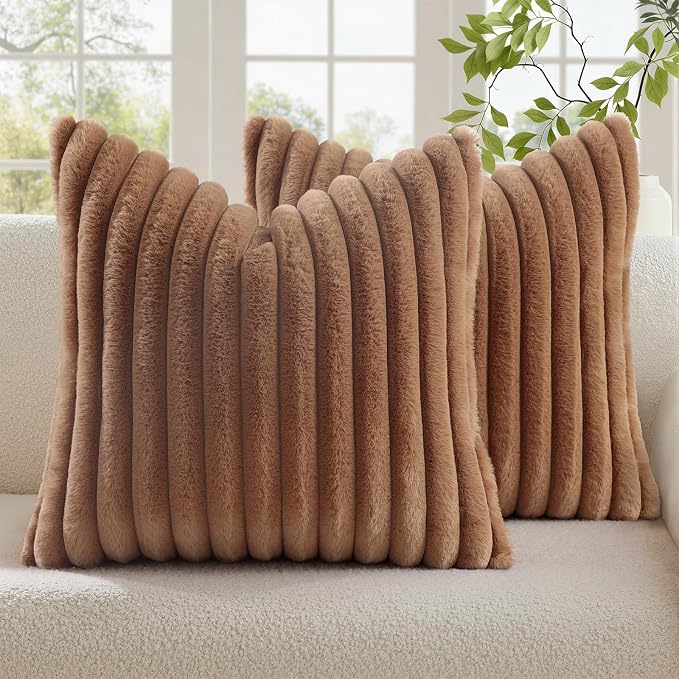 decorUhome Fall Faux Fur Throw Pillow Covers 18x18 Set of 2 Brown | Decorative Soft Cozy Striped Plush Modern Farmhouse Boho Couch Pillow Cases Velvet Back for Sofa Bed Living Room Home Decor