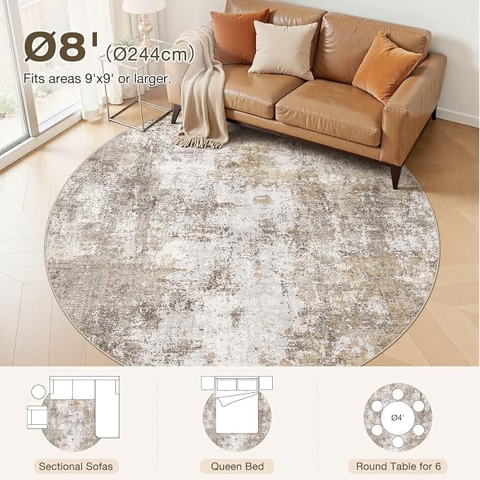 8ft Round Area Rugs for Living Room, 8x8 Washable Non Slip Soft Large Rugs for Bedroom Dining Room, Modern Abstract Low Pile Stain Resistant Carpet for Laundry Office Home Decor - Gold Brown