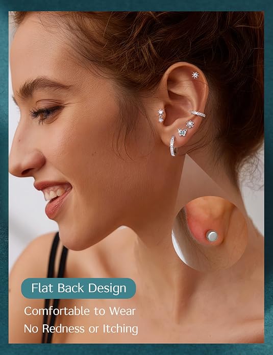 LOLIAS 14K Gold Plated Flat Back Earrings - Hypoallergenic Surgical Stainless Steel Stud Hoop Earrings for Women Girls Cute Stud Earring Set Small Huggie Hoops Cartilage Earring Stacks