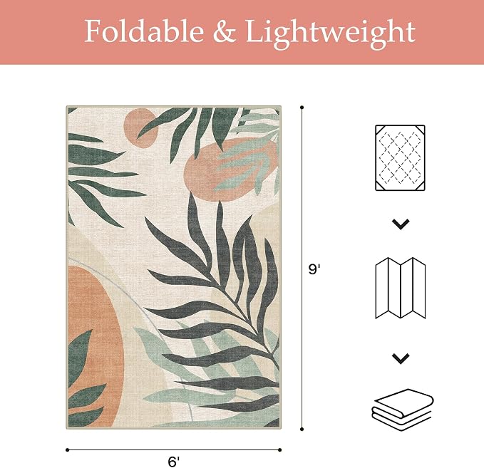 GENIMO 6x9 Outdoor Rug, Washable for Patio and Deck, Beige Olive | Botanical leaf design for dining area; fade resistant chenille with quick-dry non-slip backing for indoor sunroom.