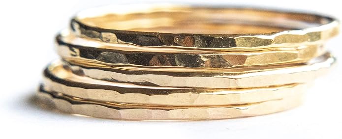 Ellie J Maui Hammered Ring, 1mm Thin Stacking Rings, Minimalist Rings for Women, 14K Gold Filled Rings for Teen Girls Midi Knuckle Pinky Finger Jewerly (Size 3-11)