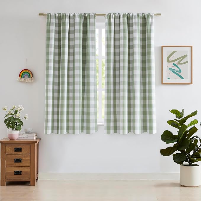 Short Sage Green Buffalo Plaid Full Blackout Curtains 63 Inch | Farmhouse Drapes for Bedroom Living Room,Thermal Insulated Window Treatment,Rod Pocket Back Tabs,52"Wx63"Lx2