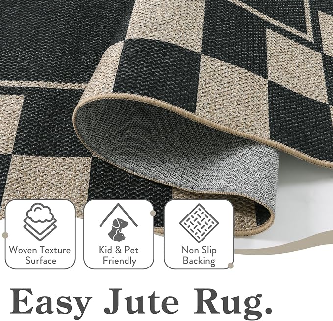 Moynesa Checkered Easy Jute 5x7 Area Rugs for Living Room, Washable Outdoor Patio Rug for Backyard Porches Non Slip, Black Farmhouse Carpet for Dining Room Balcony