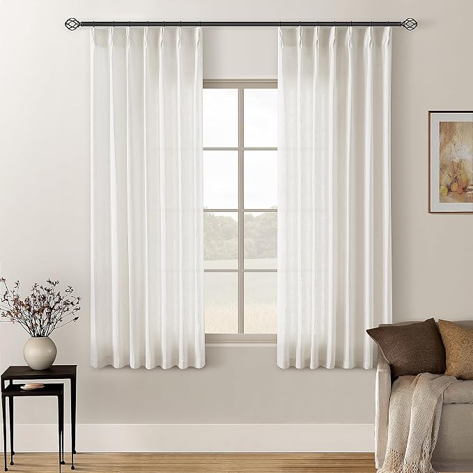 TWODRAPES Natural Pinch Pleated Linen Curtains 63 Inch Length 2 Panels Set | for Dining Living Room Bedroom Window, Memory Shape Trained, 400GSM Fabric, Semi Sheer, Pinch Pleat with Hooks Rings 40x63
