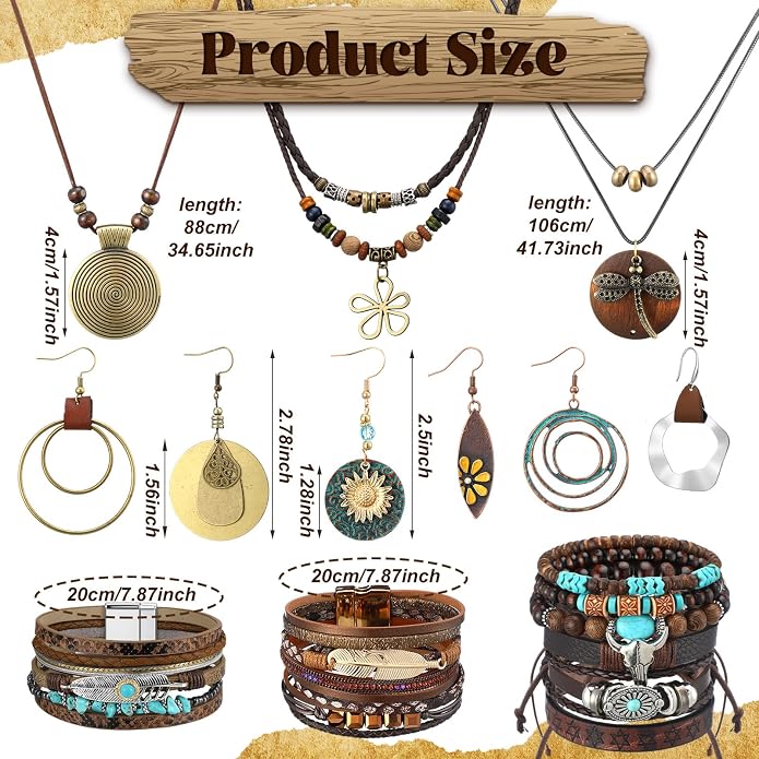Tondiamo 12Pcs Boho Jewelry Set for Women Bohemian Western Jewelry Set with Long Pendant Necklace Dangle Earrings and Stackable Bangle Bracelets Accessories for Women Friendship Gift