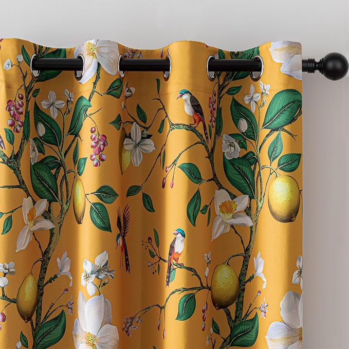 MYSKY HOME Floral Blackout Curtains 95 inches 2 Panels Set for Dining Room Vintage Mid Century Style Lemon Hummingbird Patterned Room Darkening Thermal Insulated Drapes Grommet, W52 per Panel, Yellow