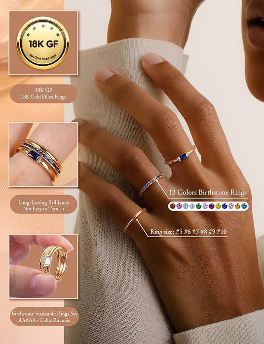 Gold Stackable Birthstone Rings for Women - 18K Gold Filled Non Tarnish Dainty Gold Stacking Rings Set - Cubic Zirconia Thumb Knuckle Ring Wedding Engagement Ring for her Gifts Size 6 7 8 9 10 3pcs