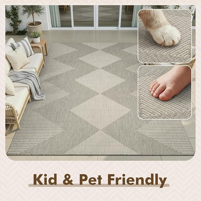 MontVoo-Outdoor Rug-Patio Rug 9x12 Polypropylene Indoor Outdoor Rugs Outdoor Carpet for Patio Deck Balcony Porch, Textured Weave, Durable for High Traffic, Fade-Resistant, Boho Geometric Silver Grey