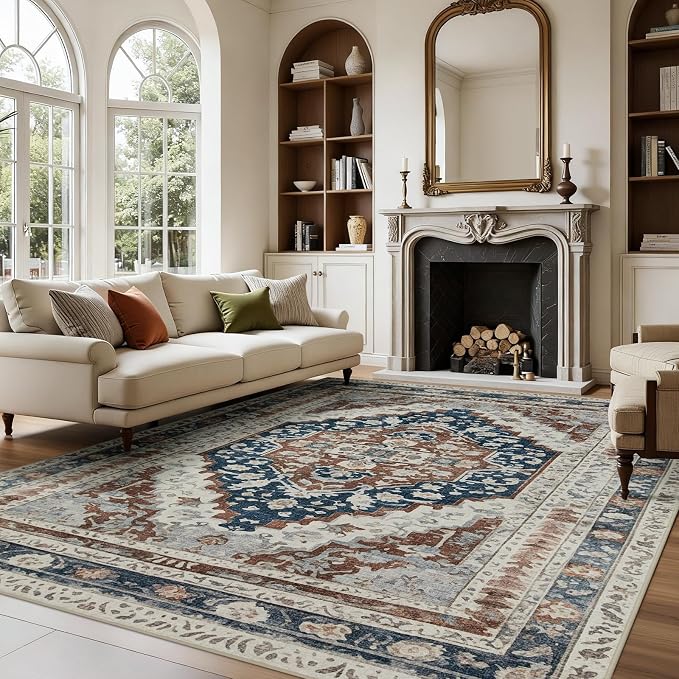 Joydeco 5x7 Area Rugs for Living Room, Non Slip Machine Washable Vintage Rug, Low Pile Chenille Print Rugs for Bedroom, Dining Room, Home Office, Pet & Child Friendly, Beige & Blue & Reddish-Brown