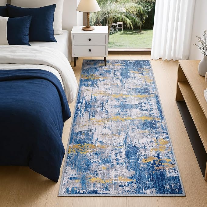 RELEANY Washable Area Rugs 2'x6' Non-Slip Modern Abstract Soft for Living Room Entryway Bedroom Kitchen, Print Pattern, Grey Blue Gold/Golden