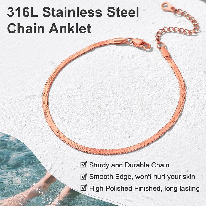 GoldChic Adjustbale Link Chain Anklet for Women Summer Jewelry, 316L Stainless Steel Figaro/Wheat/Twist Rope/Cuban Foot Bracelet-Waterproof, Resizable 9"-12" (Gift Box Included)