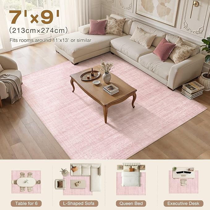 Nakagishi 7x9 Area Rugs Living Room: Washable Large Vintage Rug Neutral Non-Slip Soft Stain Resistant Indoor Carpet for Bedroom Nursery Dining Room Office Playroom - Pink