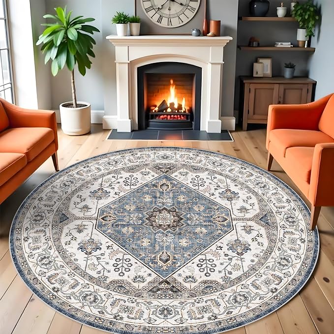 Living Room 6round Area Rugs - Boho Rugs for Living Room Stain Resistant Carpet for Bedroom Kitchen Bathroom with Non Slip Backing Home Decor Floor Decoration Mat 6ft Navy