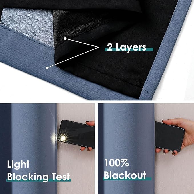 ChrisDowa 100% Blackout Curtains for Bedroom 84 Inches Long 2 Panels Set | 2 Thick Layers, Thermal Insulated, Light Blocking, Grommet, Window Treatment, Living Room Drapes, Stone Blue, 42 x 84 Inch