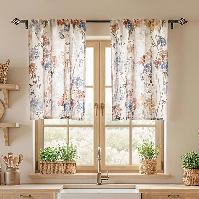 MYSKY HOME Floral Linen Kitchen Tier Curtains 24 Inch Length 2 Panels Farmhouse Semi Sheer Privacy Small Window Treatments Rod Pocket for Bathroom Basement, Yellow, 30 inch Wide