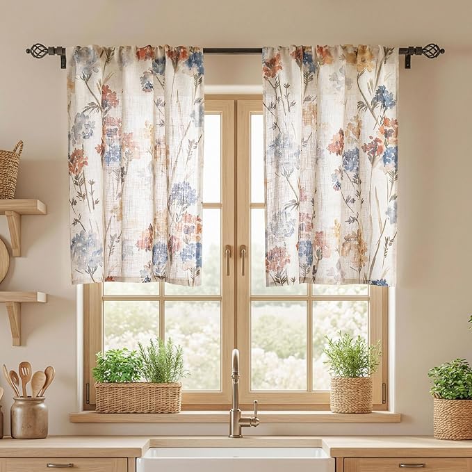 MYSKY HOME Floral Linen Kitchen Tier Curtains 36 Inch Length 2 Panels Farmhouse Light Filtering Privacy Small Window Treatments Rod Pocket for Bathroom Basement, Yellow, 30" Wide