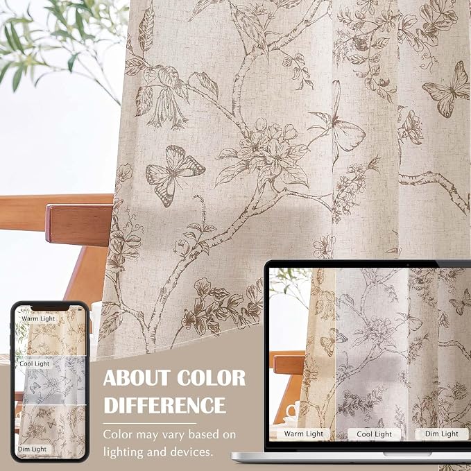 jinchan Taupe Floral Linen Curtains Lined 96 Inch Vintage Back Tab 2 Panels | Privacy lining, light filtering drapes, cottagecore, french country, farmhouse, bedroom, living room, window treatment