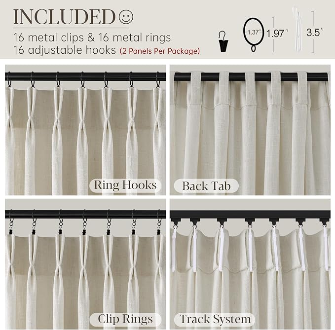 Pinch Pleated Thick Linen Curtains 96 Inch Length 2 Panels Set for Living Room Warm Beige Neutral Pleated Curtains Semi Sheer Light Filtering Privacy Bedroom Window Drapes