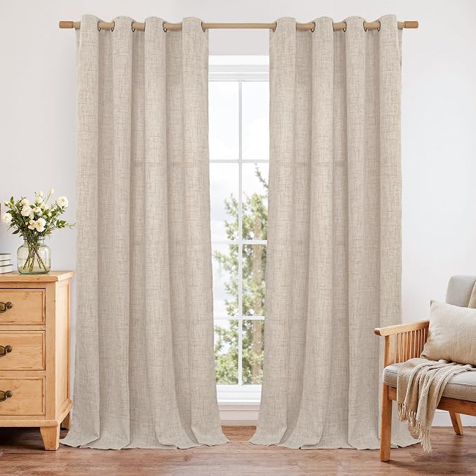 YoungsTex Linen Curtains 52 x 98 Inch 2 Panels, Filtering Drapes Grommet | Living Room Bedroom, Floor Length Semi Sheer Window Treatments, Natural Textured Farmhouse