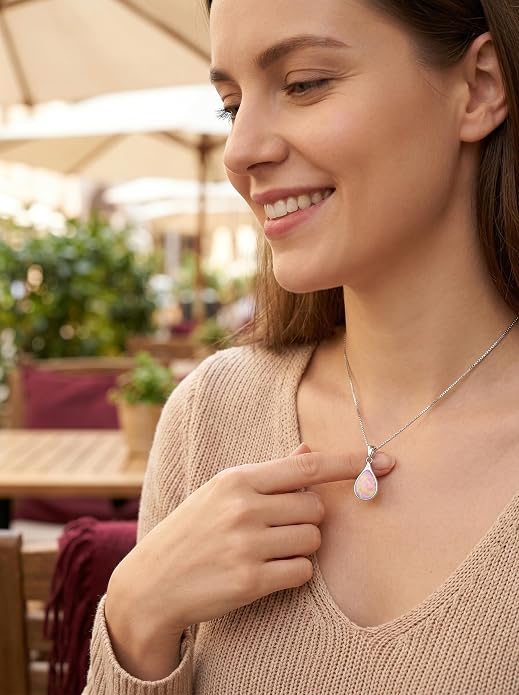 Teardrop Opal Necklace for Women - 925 Sterling Silver October Birthstone Pendant Necklace, Dainty Pear Shape Gemstone Jewelry Gif for Her, Adjustable Box Chain