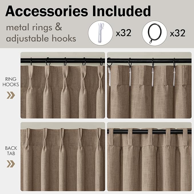 MIULEE 4 Panels Set Pinch Pleated Linen Curtains 90 Inches Long for Living Room Bedroom, Thick Linen Textured Memory Trained Pleat Drapes Back Tab Light Filtering Light Brown Window Curtains